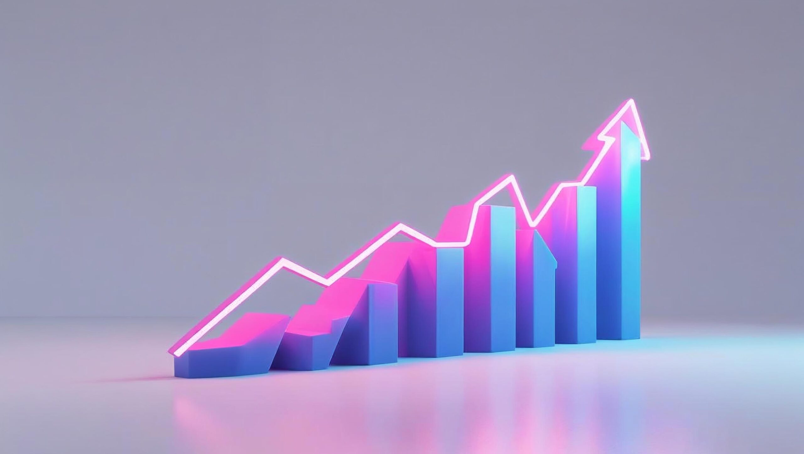 A 3D rendering of a vibrant neon pink and blue ray, resembling a line graph. The line starts steadily, with minor upward and downward fluctuations, before dramatically shooting upwards. The background is pure white, providing a stark contrast to the neon ray. The style should be clean and modern, with a smooth, polished finish to the ray. The perspective is slightly angled, offering a dynamic view of the upward surge. The lighting is focused on the ray, highlighting its glowing neon effect.