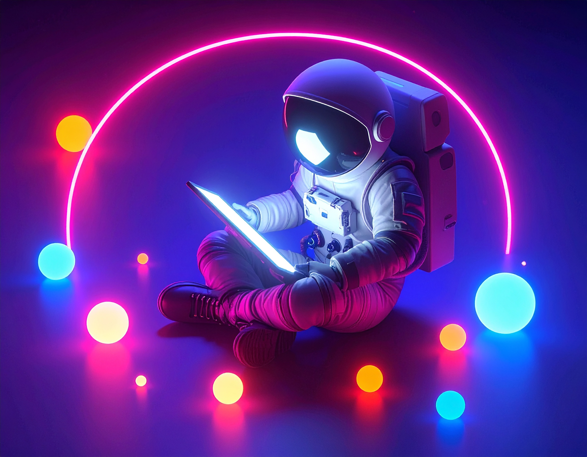 A 3D rendering - arranged artfully on a dark blue, almost indigo, backdrop, of an astronaut using a glowing tablet. The scene is lit with a soft, ambient glow highlighting the devices. Glowing orbs of various sizes are randomly scattered around the character on the ground, adding a magical and dynamic element to the scene. The image is framed from a slightly elevated angle, emphasizing the devices.