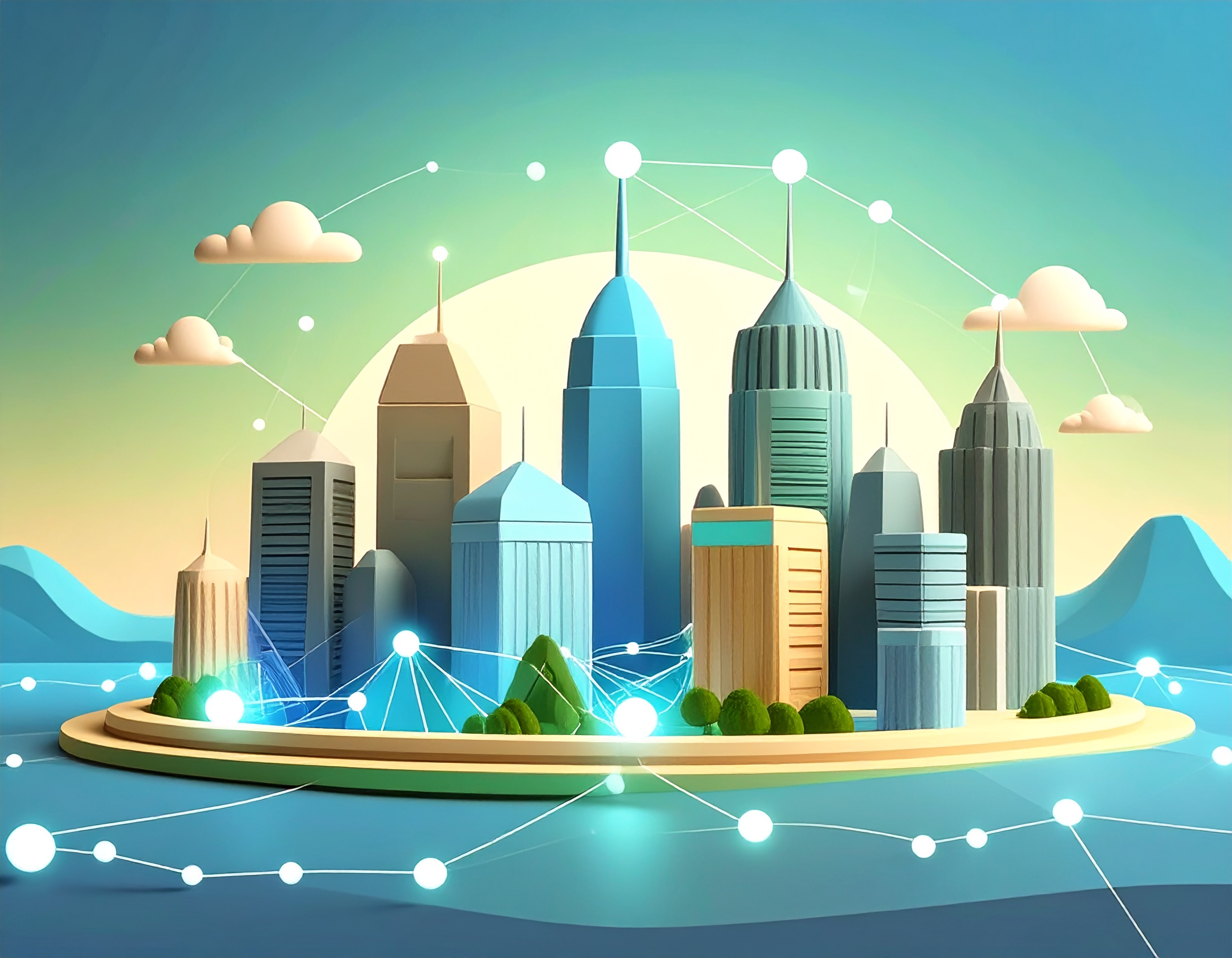 A glance at the future of digital accessibility with a focus on connection. A bright blue to white gradient background, with a futuristic and bright skyline showing connection through technology.